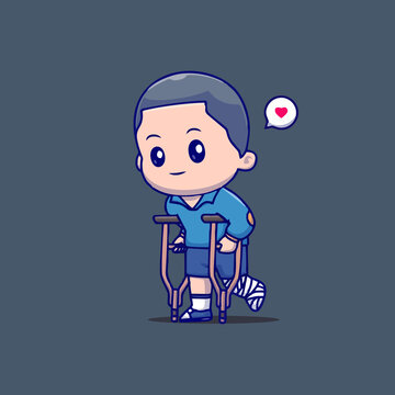 拐杖脚伤男孩Q版卡通插画