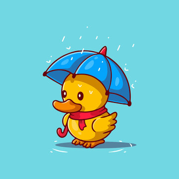 可爱雨伞小黄鸭Q版卡通插画