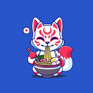 可爱的狐狸面具吃面Q版卡通插画