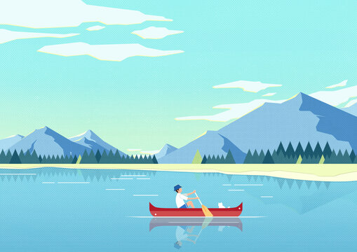 极简风山水湖面独木舟装饰插画
