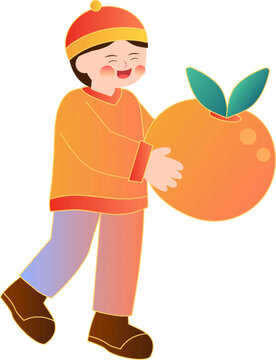 抱着橙子的男孩新年插画