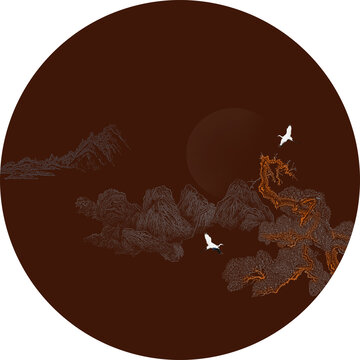手绘线描山水壁画中式山水圆形图