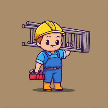 可爱背梯子的维修工Q版卡通插画