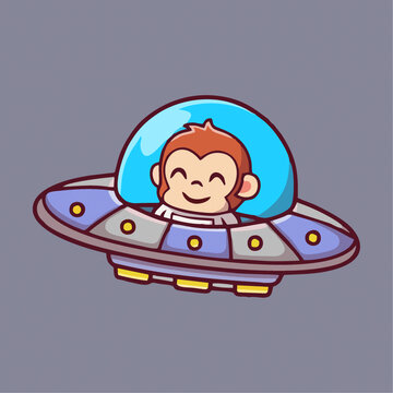小猴子ufo飞行器Q版卡通插画