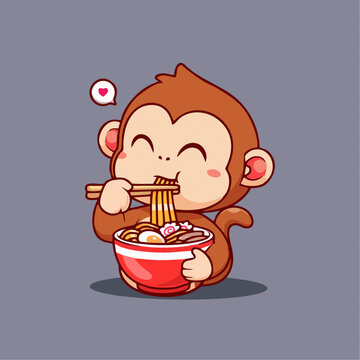 可爱猴子吃面Q版卡通插画