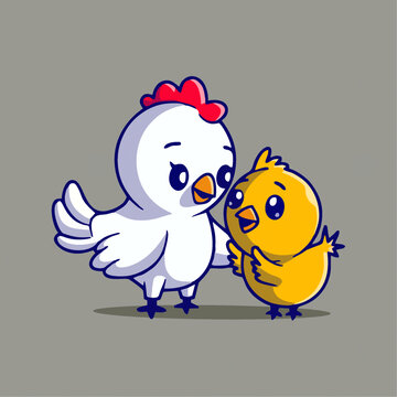 可爱鸡妈妈和小黄鸡Q版卡通插画
