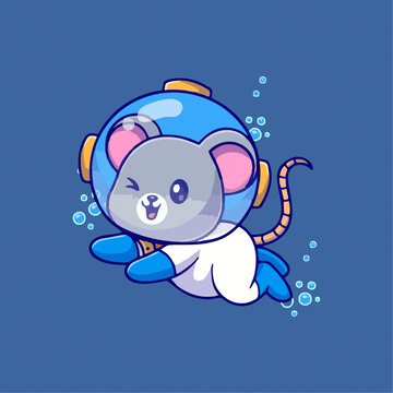 可爱潜水小老鼠Q版卡通插画