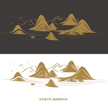 矢量中式山水线条山