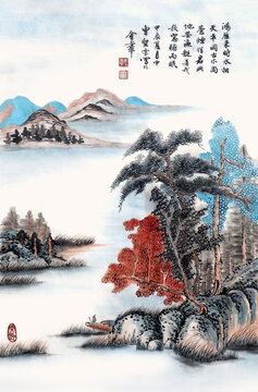 国画山水江上风景