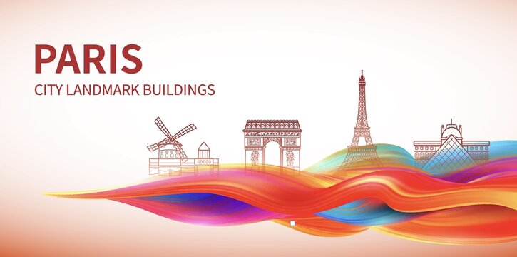 彩色流光线条巴黎地标建筑矢量