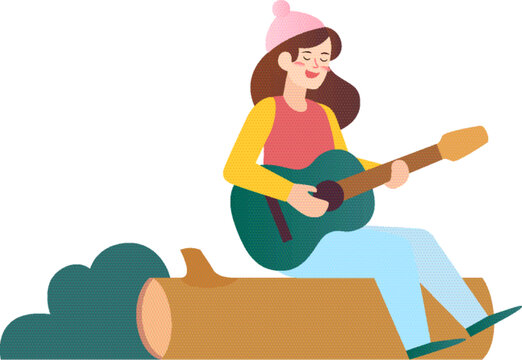 女孩坐着弹吉他插画