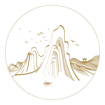 矢量意境圆形线条山