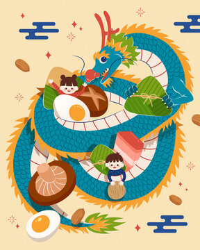 东方龙环绕着小孩与粽子食材 端午节插图