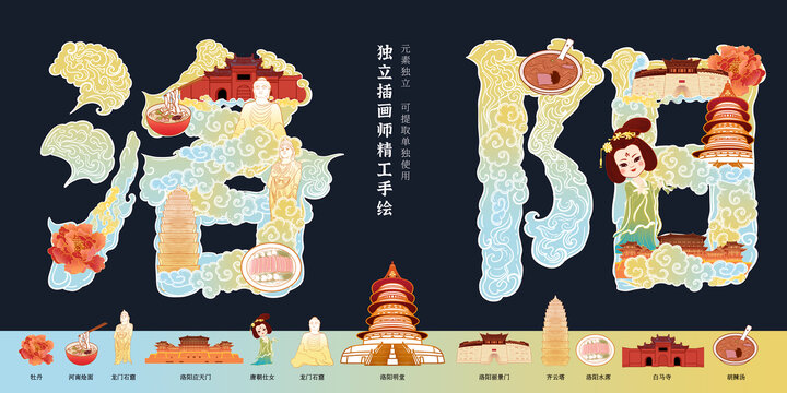 河南洛阳旅游文创地标插画