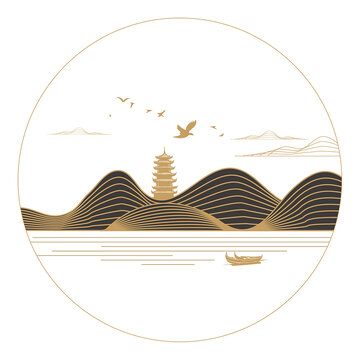 矢量圆形禅意山水线条