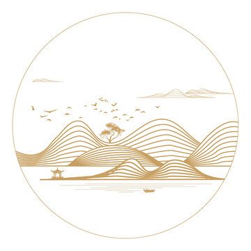 金色圆形意境山水线条