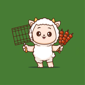 可爱烤肉羊肉串Q版卡通插画