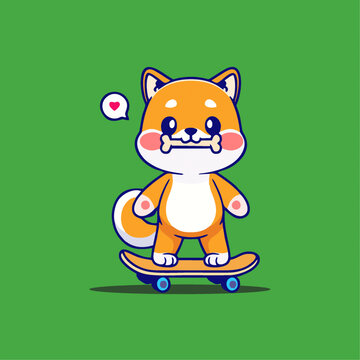 可爱滑板柴犬Q版卡通插画