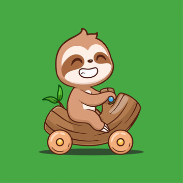 可爱玩具车树懒Q版卡通插画