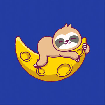 可爱月亮上大睡树懒Q版卡通插画