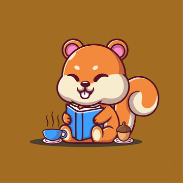 可爱读书喝茶的松鼠Q版卡通插画
