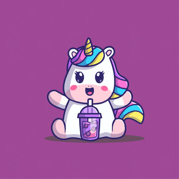 可爱喝奶茶小马宝莉Q版卡通插画