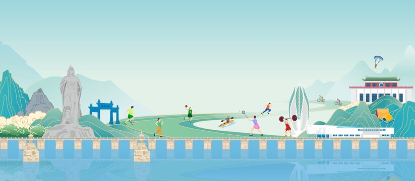 南安国潮城市地标建筑手绘插画