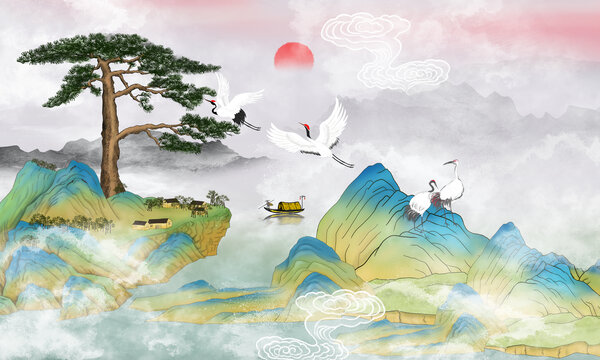 迎客松山水画