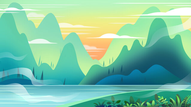 绿色山水扁平风插画背景