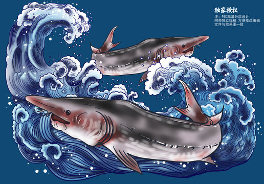 国潮鲟鳇鱼和浪花