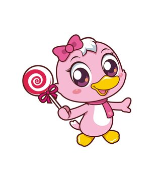 卡通可爱小鸭妹妹吃棒棒糖形象