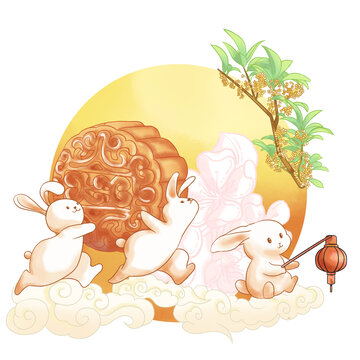 兔子月亮桂花中秋节插画