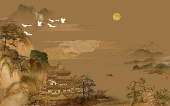 高端新中式国画山水背景墙