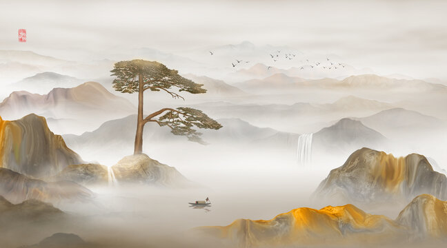 迎客松山水画