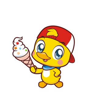 卡通可爱小鸭子吃冰淇淋形象