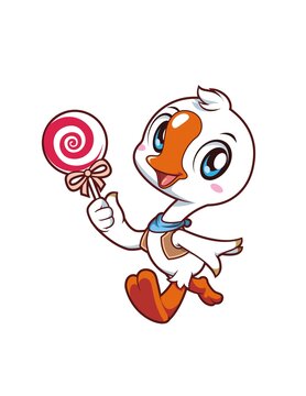 卡通可爱小鹅拿棒棒糖形象矢量图