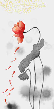 荷花九鱼图