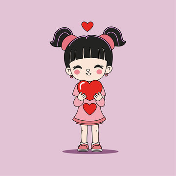 捧着爱心的小女孩矢量插画