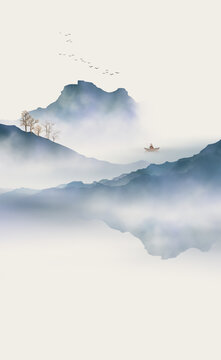 禅意新中式水墨山水画