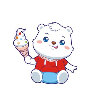 卡通可爱白熊吃冰淇淋形象矢量图