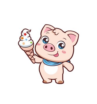 卡通可爱小猪吃冰淇淋形象矢量图