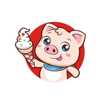 卡通可爱小猪吃冰淇淋头像矢量图