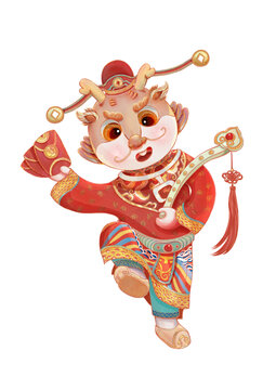 国潮插画龙年新春财神元素