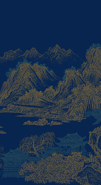 工笔禅意山水线描山水框画