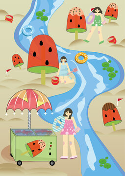夏季海边节气大暑户外沙滩插画