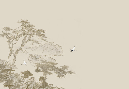 手绘线描山水松鹤图工笔山水画