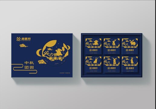蓝色中秋月饼矢量礼盒包装