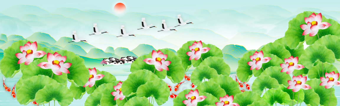 山水荷花背景墙