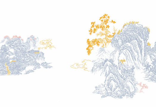 山水白描山水禅意山水线描画