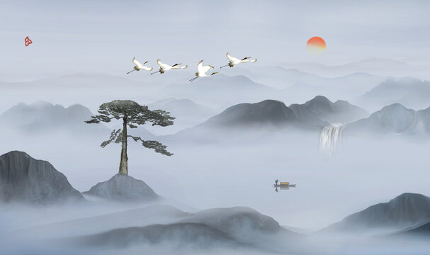 迎客松山水画